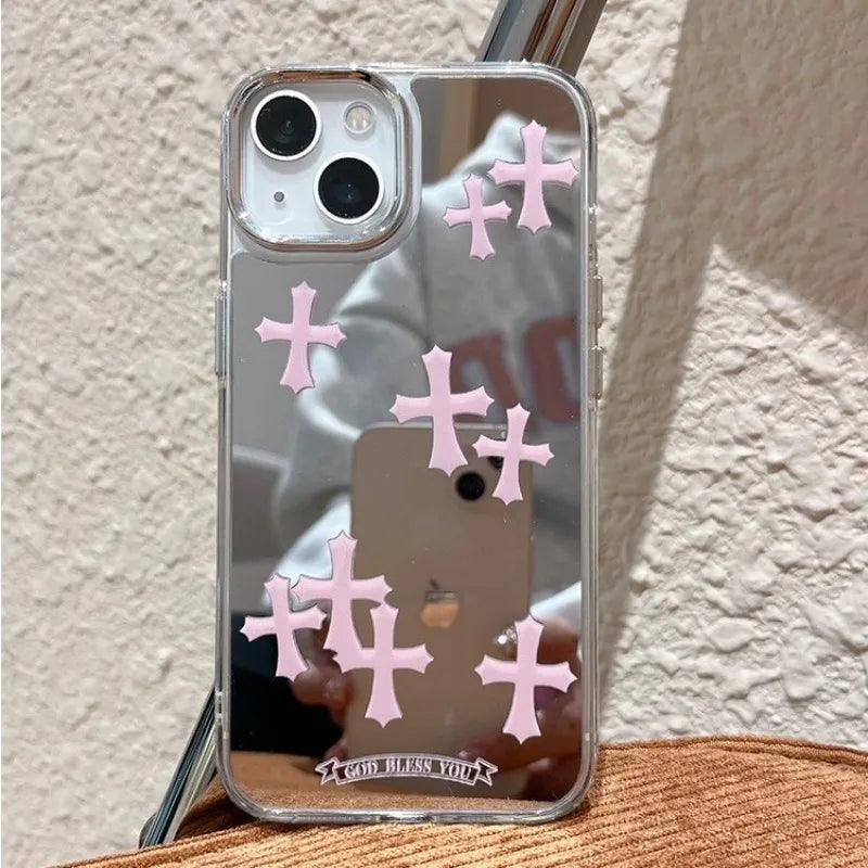 Luxury Pink Jesus Christ Cross Mirror Face Phone Case For iPhone 15 14 13 12 11 Pro Max Hard Acrylic Makeup Mirror iPhone Cases  ourlum.com   