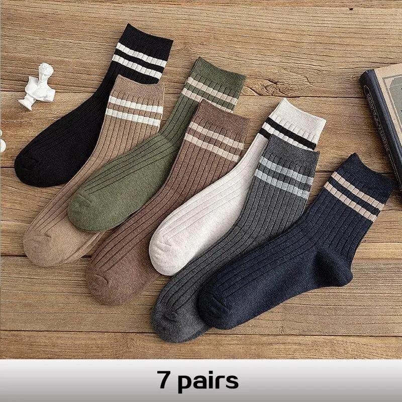 7 Pack Men's Retro Striped Tube Socks - Premium Polyester, Breathable Design, Harajuku Style  Our Lum   