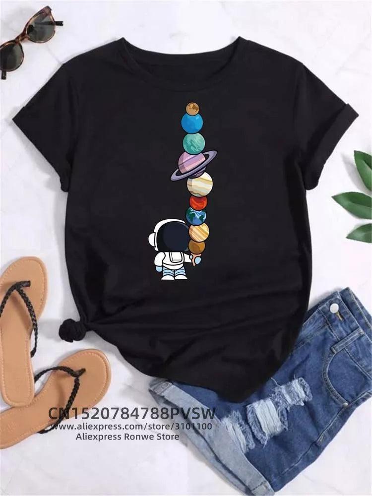 Cosmic Charm Women's Moon and Planet Print Tee - Vintage Casual Top  ourlum.com   