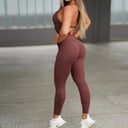 Backless Goddess Yoga Jumpsuit Set with Cross Straps and High Waist Leggings  OurLum.com Chocolate L 