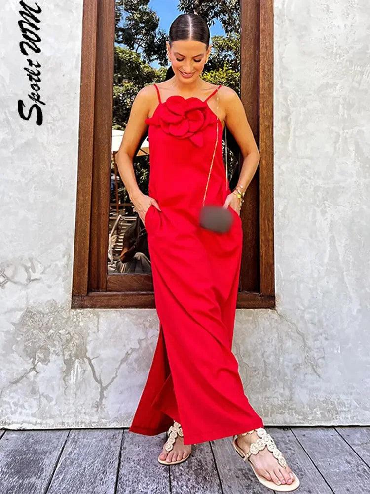 Elegant Crimson 3D Floral Sling Midi Dress - Women's Backless High Split Party Club Vestidos  ourlum.com   