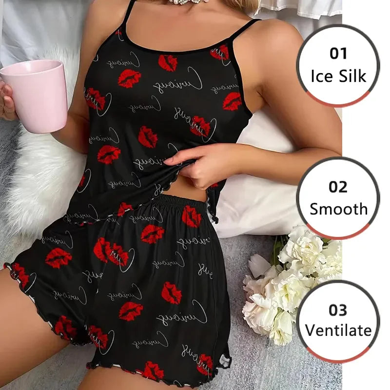 Lip Print Sleeveless Ice Silk Women's Pajama Set - Black Red Camisole Shorts  Our Lum   
