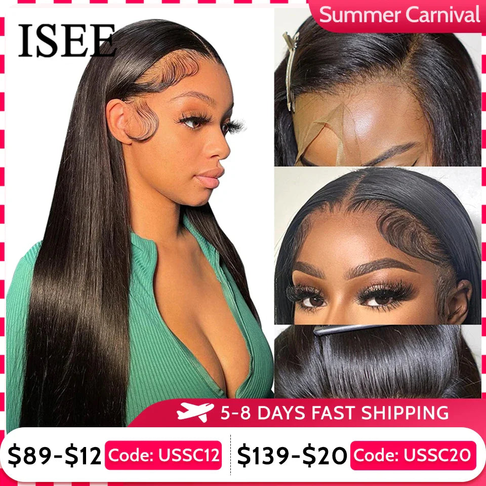 ISEE HAIR 13x6 HD Lace Frontal Wigs Human Hair Straight Full Lace Front Wigs For Women Pre-plucked Transparent Lace Wigs On Sale  ourlum.com CHINA 12INCHES 180%