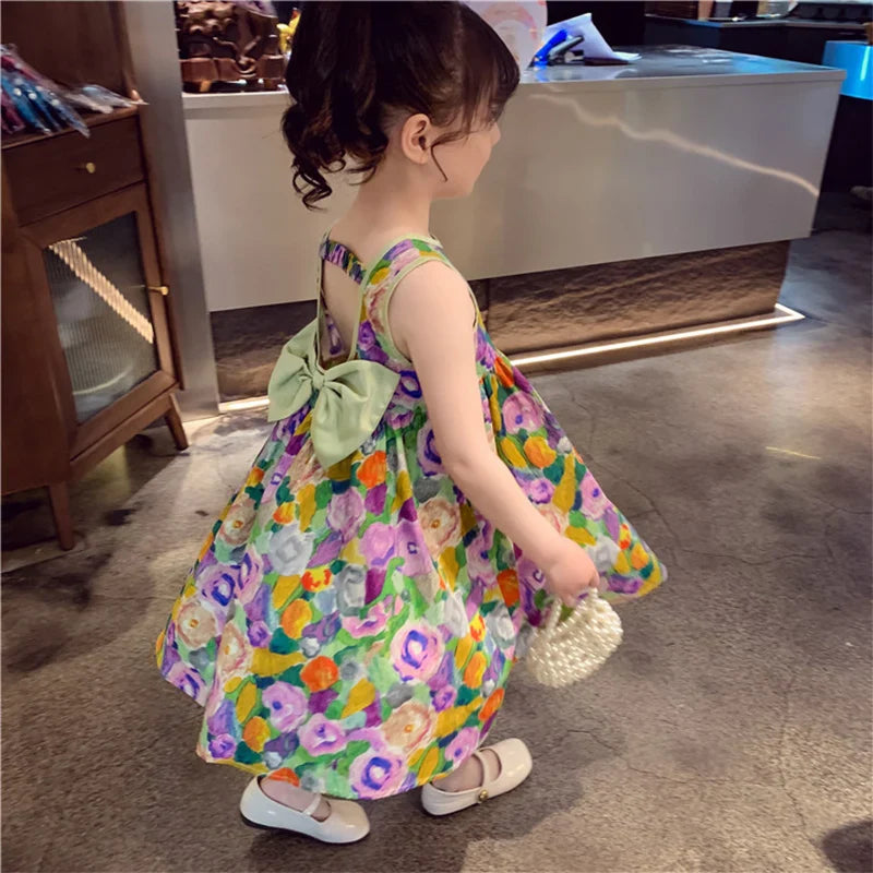 Floral Princess Sundress: Oil Painting A-LINE Style for Girls