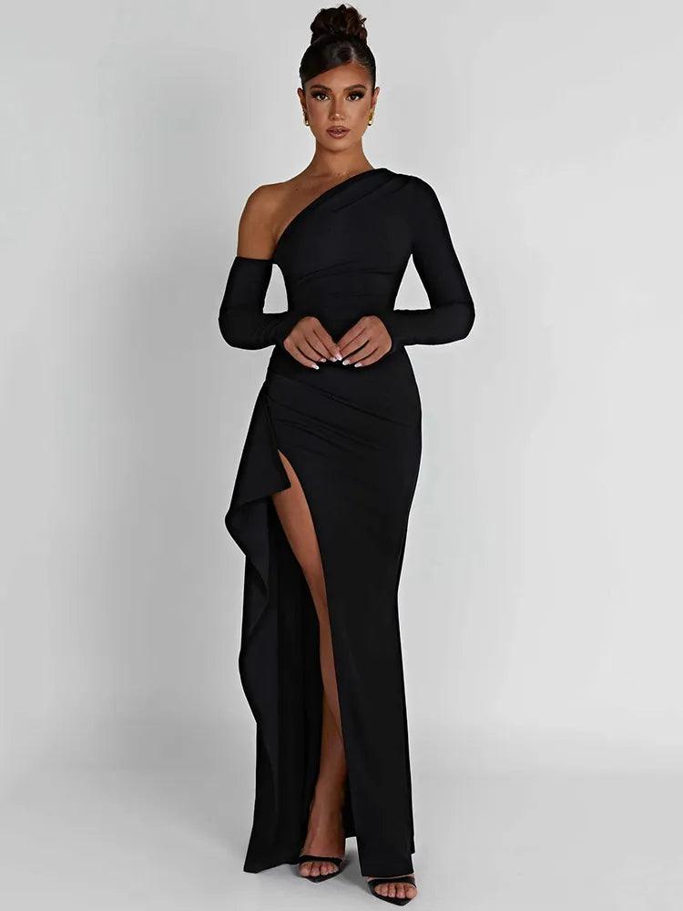 Oblique Shoulder Thigh High Split Maxi Dress - Sexy Elegance for Night Owning  ourlum.com S Black 