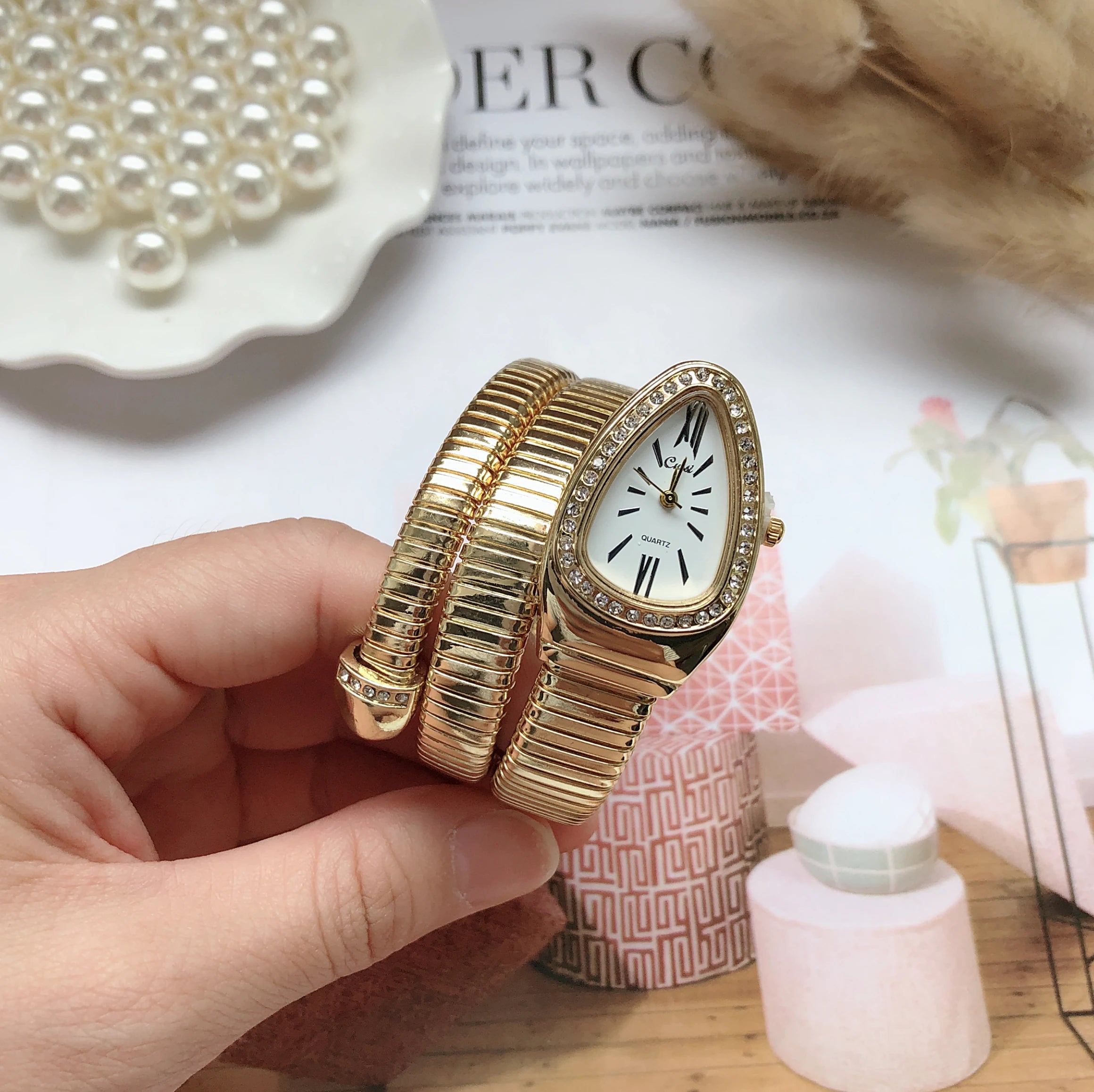 Luxurious Women's Gold Snake Watch with Diamond Detailing  OurLum.com   