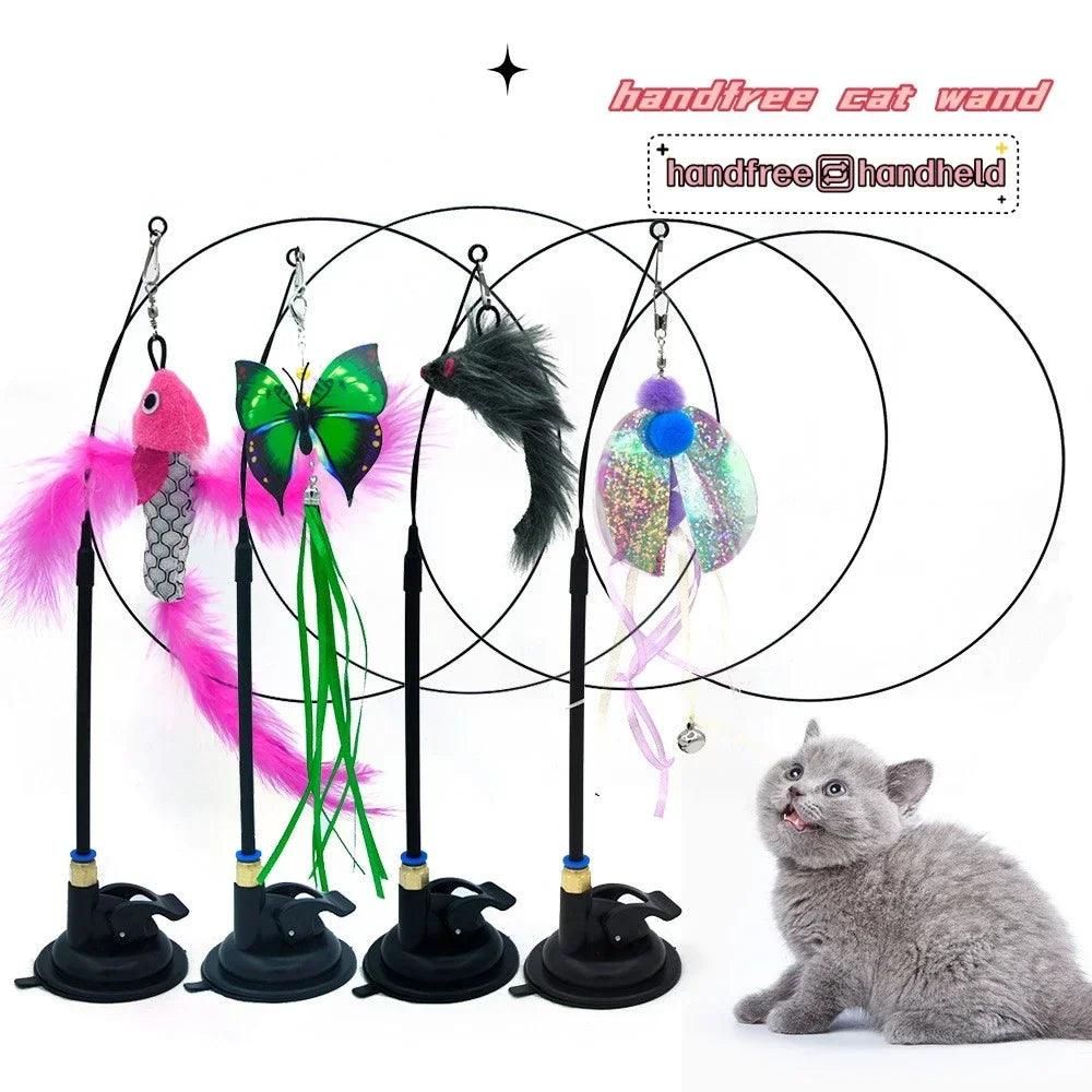Interactive Fluffy Feather Cat Wand Toy with Suction Cup Base  ourlum.com   