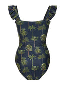 Dark Blue Floral Peplum Swimsuit Fashionable Beachwear Set