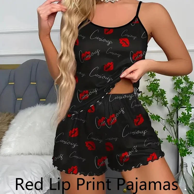 Lip Print Sleeveless Ice Silk Women's Pajama Set - Black Red Camisole Shorts  Our Lum   