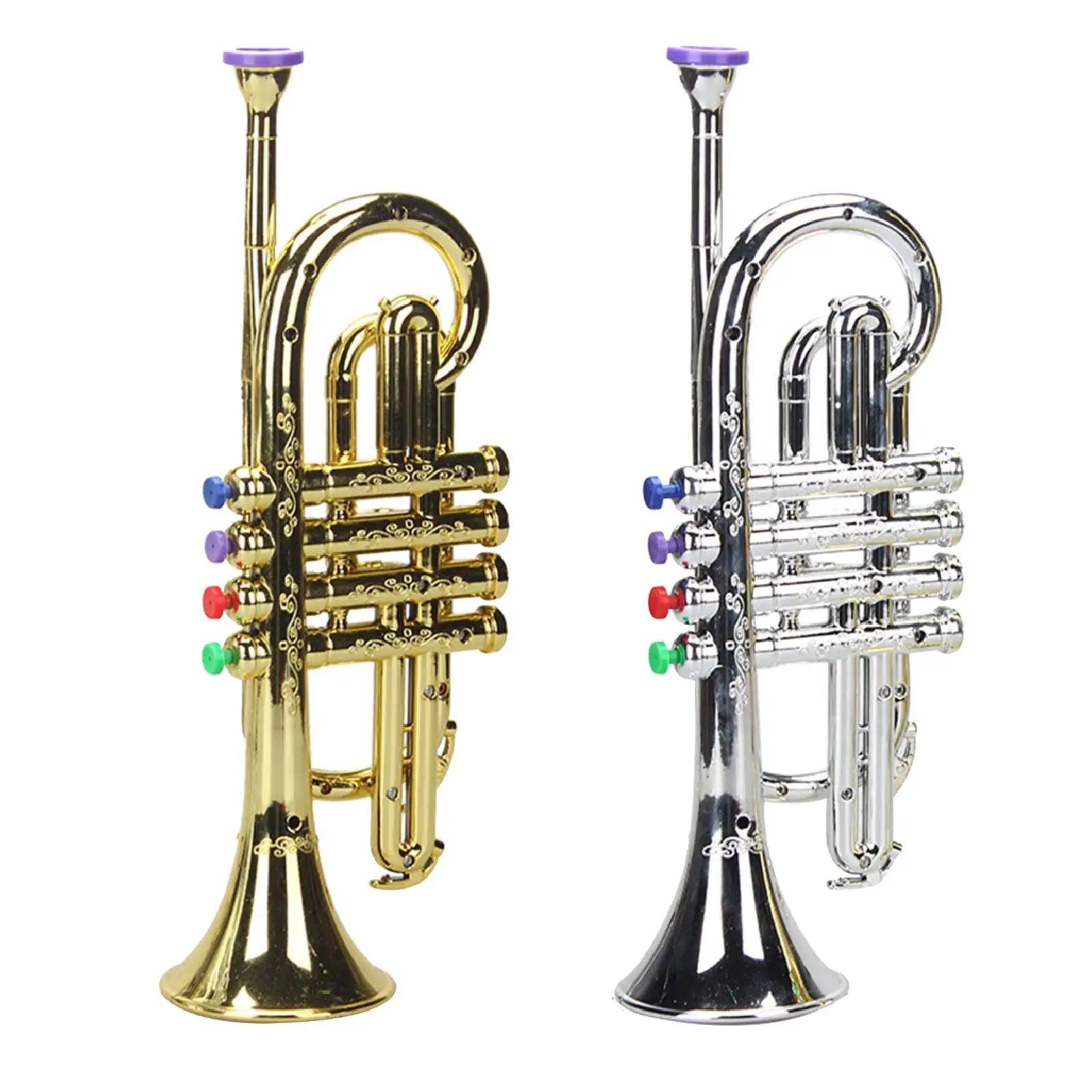 Toy Trumpet for Kids Safety Tested BPA Free Beautiful Silver Gold Finish with Color Key Wind and Brass Musical Instruments