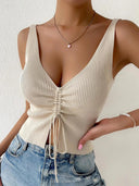 Ribbed Knit V-Neck Crop Top Chic Drawstring Tank Summer Style