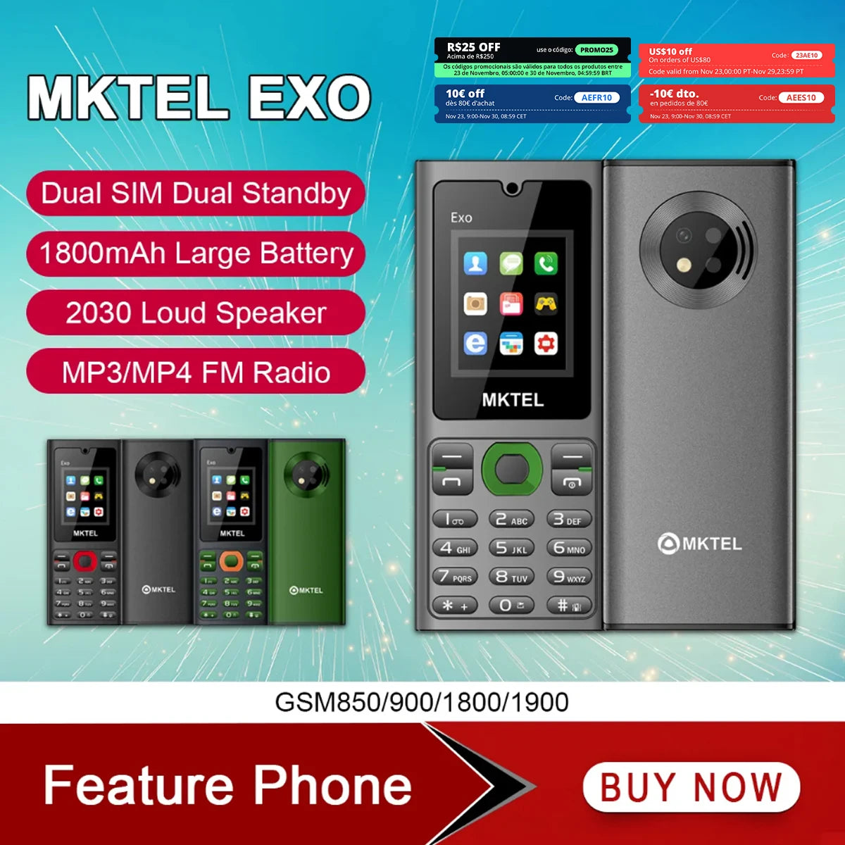 MKTEL EXO Feature Phone Senior Mobile Phone Dual SIM Dual Standby 1.77" Display GSM MP3 MP4 FM Radio Strong Torch Loud Speaker
