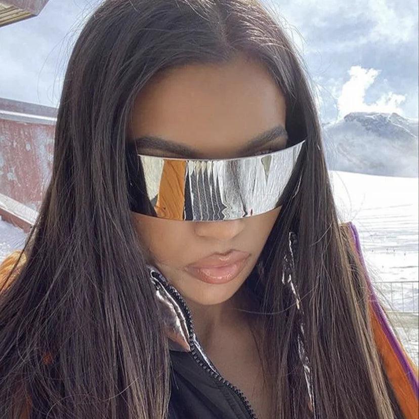 Futuristic Cyberpunk Wrap Around Sunglasses with Silver Mirror Lenses for Men and Women