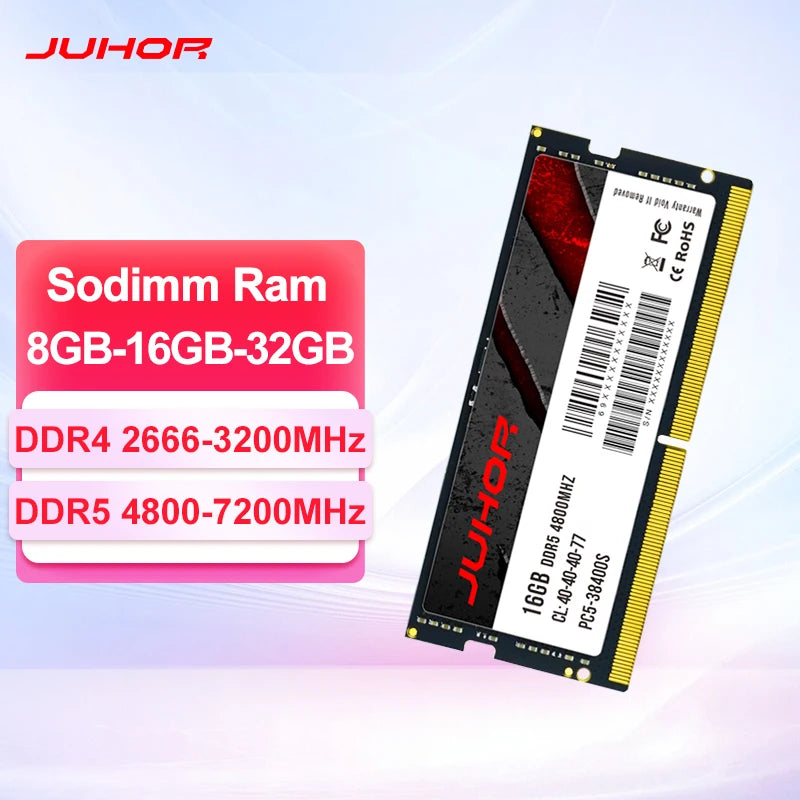 JUHOR Laptop Ram 8GB 16GB 32GB DDR4 2666MHz 3200MHz DDR5 4800Hz 5600Hz 6400Hz 7200Hz Notebook Memory Sodimm Memoria