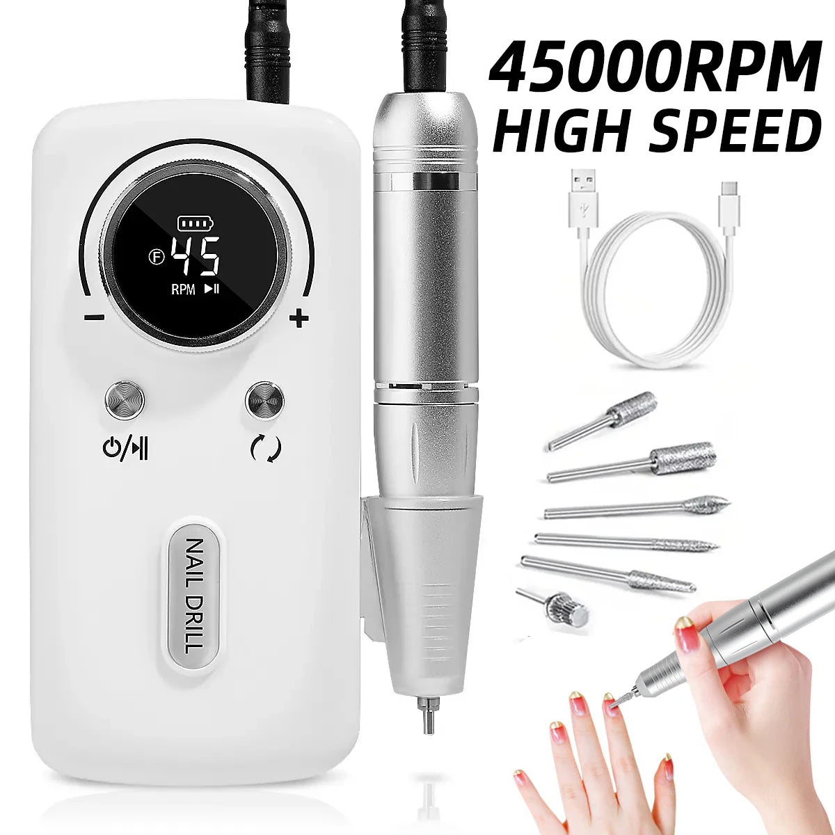 45000RPM Professional Electric Nail Drill Machine Portable Nail File Rechargeable Nail Sander for Gel Nails Polishing Salon Tool