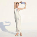 Sequin Tassel Halter Dress Elegant Sleeveless Gown Women