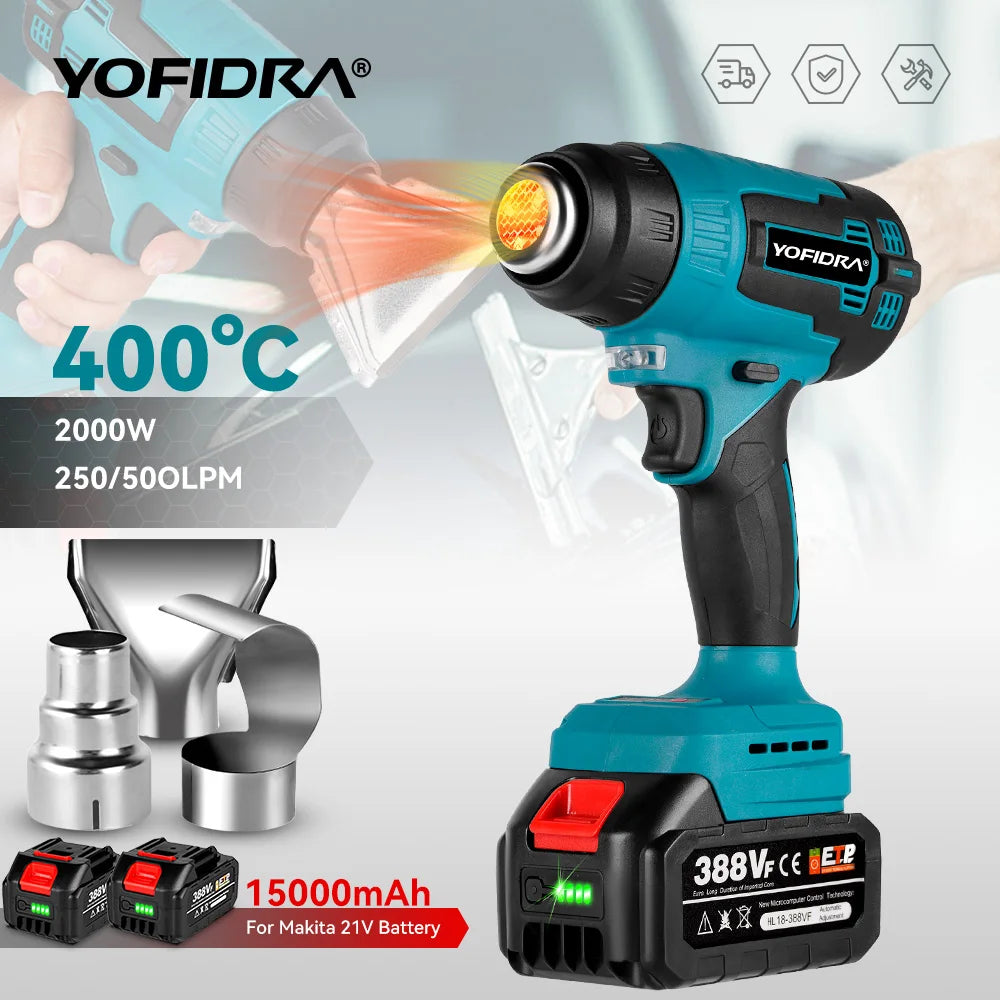 YOFIDRA 2000W Electric Heat Gun for Makita 18V Battery Cordless Handheld Hot Air Gun with 3 Nozzles Industrial Home Hair Dryer