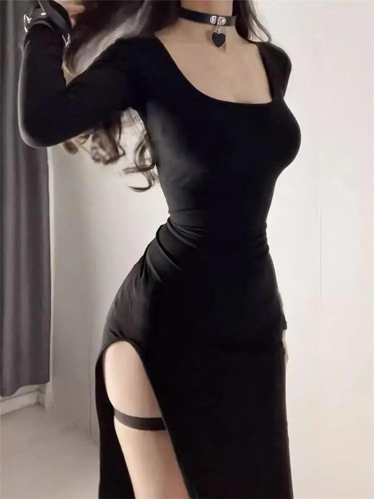 Elegant Black Bodycon Dress with Chic Square Collar and Side Slit - High Street Fashion Statement  OurLum.com   