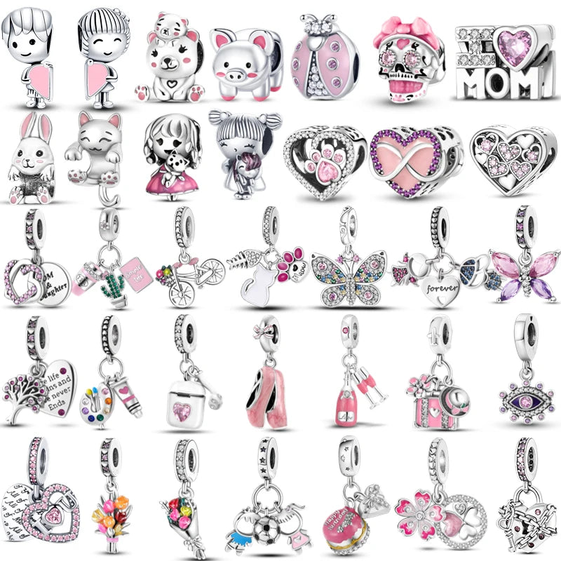 Pink Silver Plated Butterfly Flower Cat Girl Ballerina Shoe Charm Beads Fit Bracelet Necklace Pendant DIY Jewelry Making