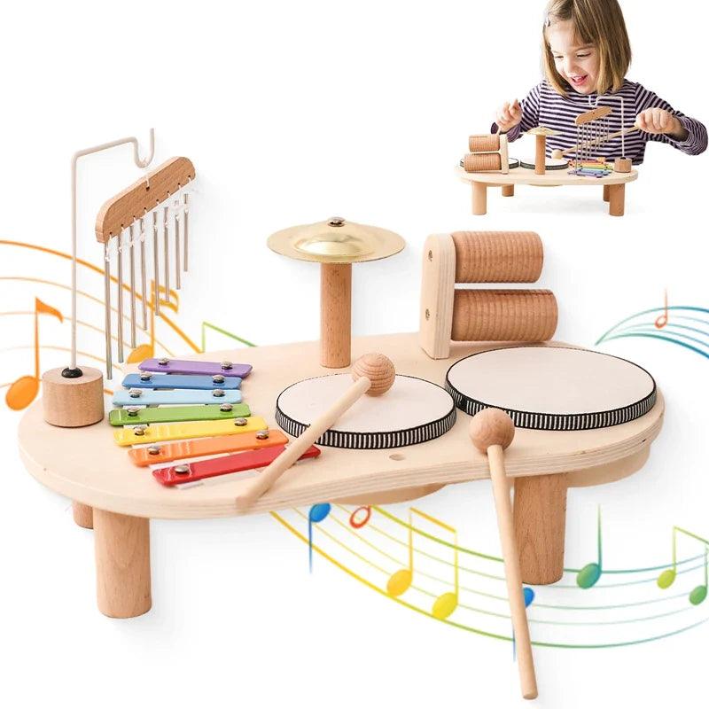 Baby Wooden Musical Instruments Toys Multifunctional Percussion Instruments Drum Eight Tone Piano Montessori Toys Birthday Gifts