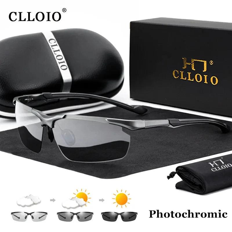 Men's Photochromic Polarized Rimless Sunglasses - CLLOIO Anti-Glare Aluminum Eyewear for Day and Night Driving