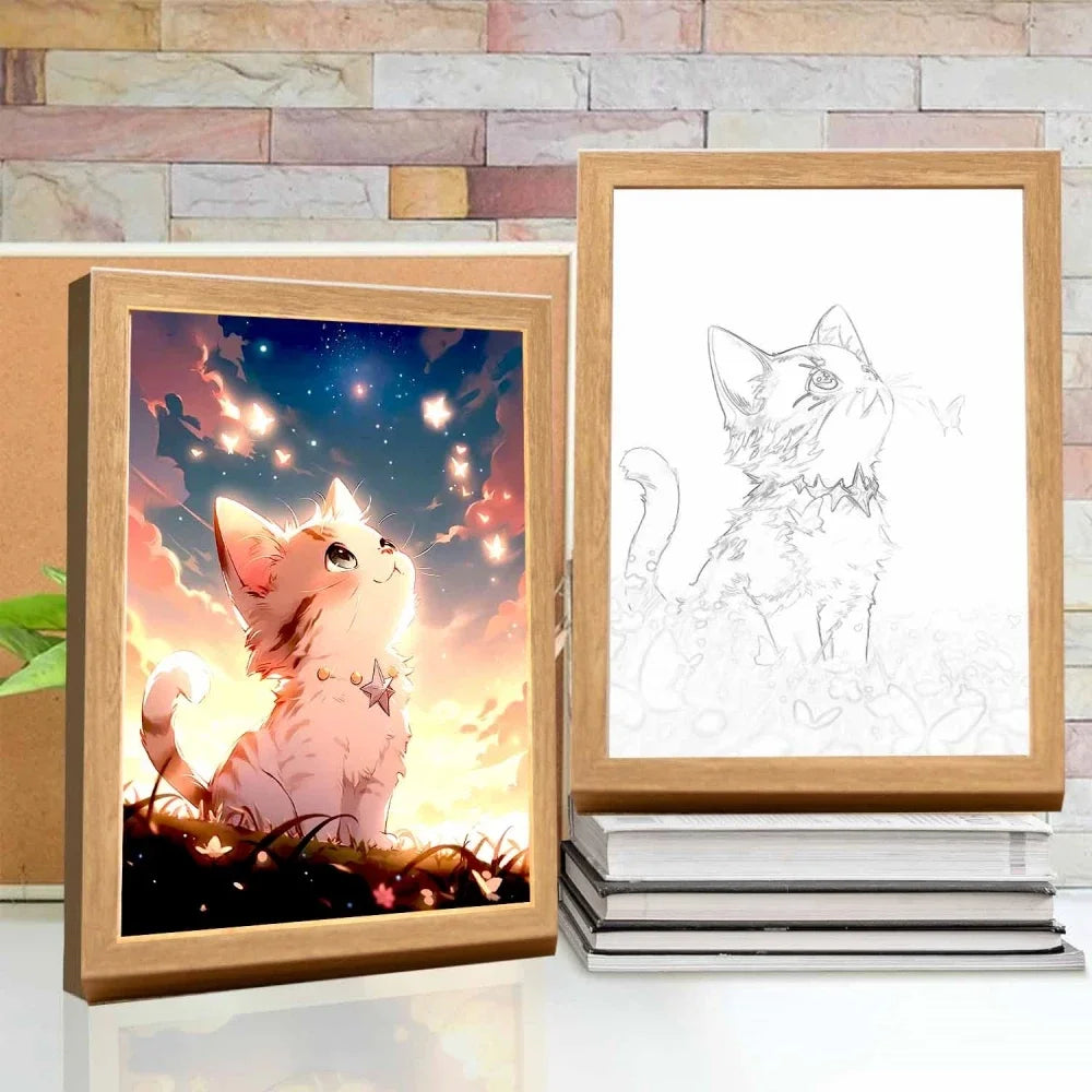 Cute Cat Kawaii Pets Light Painting Picture Frame Led Night Light Moon Lamp Room Decor Home Bedroom Friends Kids Birthday Gifts  ourlum.com   