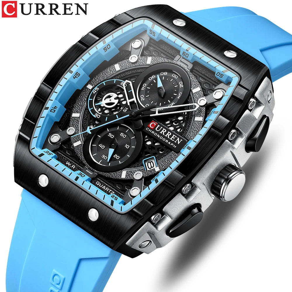 CURREN Men's Casual Quartz Watch with Rectangular Silicone Straps and Auto Date Chronograph Feature