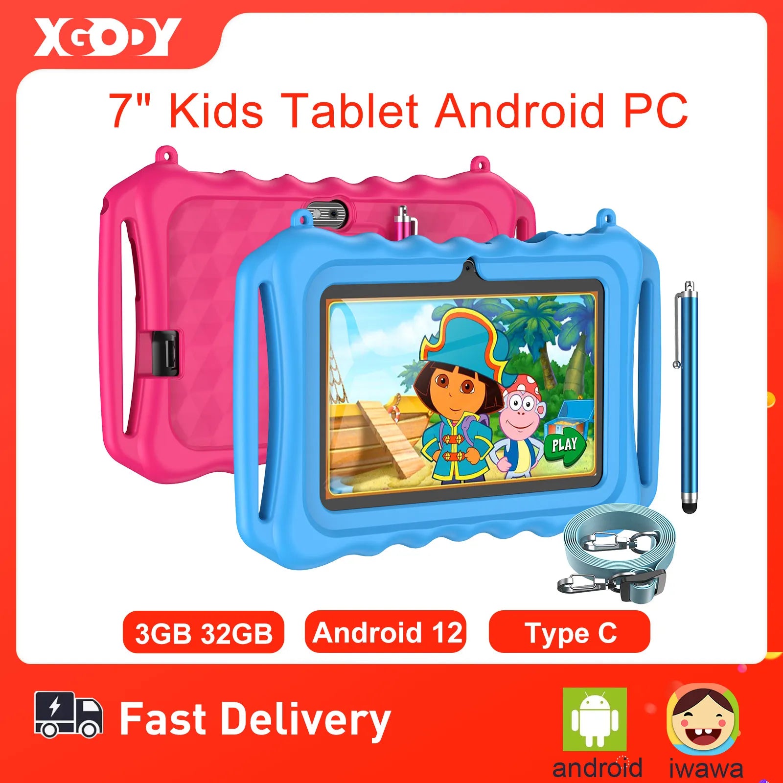 XGODY 7 Inch Kids Tablet Android PC Tablets For Children Study Education Bluetooth WiFi TypeC With Cute Protective Case Kid Gift