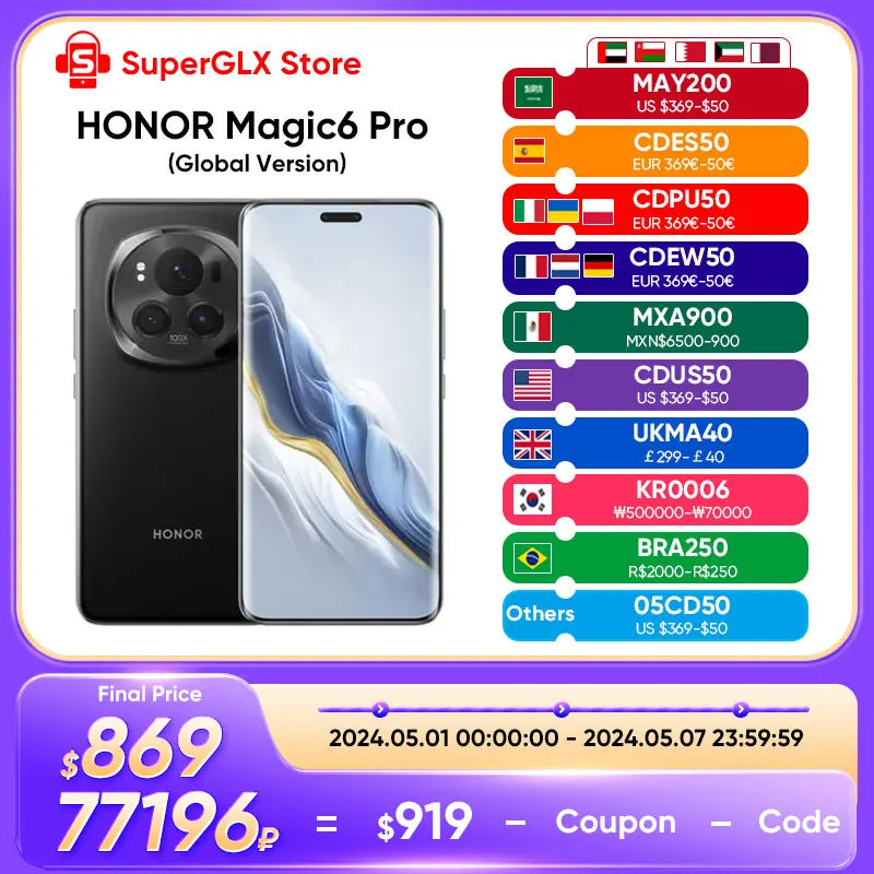 2024 new Global Version HONOR Magic6 Pro Snapdragon 8 Gen 3 6.8'' Quad-Curved Floating Screen 180MP Periscope Telephoto Camera