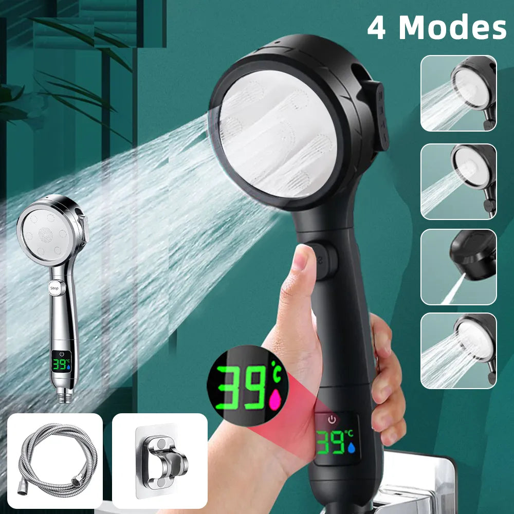 LED Temperature Display Handheld Power Spa Shower: Save Water, 4 Spray Modes  ourlum.com   