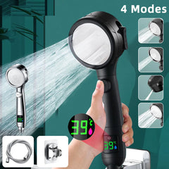 LED Temperature Display Handheld Power Spa Shower: Save Water, 4 Spray Modes