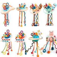 Baby Rattle Teether Toys: Montessori Silicone Pull String Games for Teething & Development