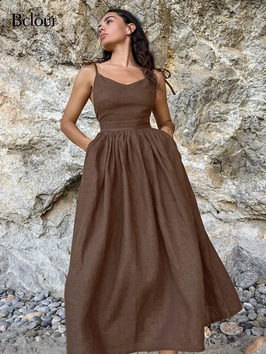 Brown Linen A-Line Party Dress: Chic Elegance for Modern Women