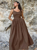 Brown Linen A-Line Party Dress Chic Elegance for Women