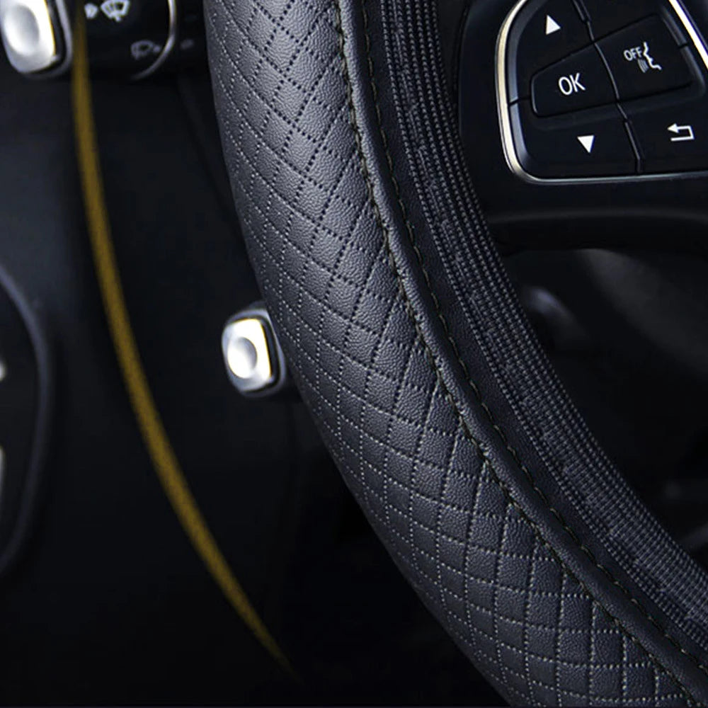 Black automobile steering wheel cover, dynamic fiber leather, double round elastic, no inner ring, elastic belt handle cover