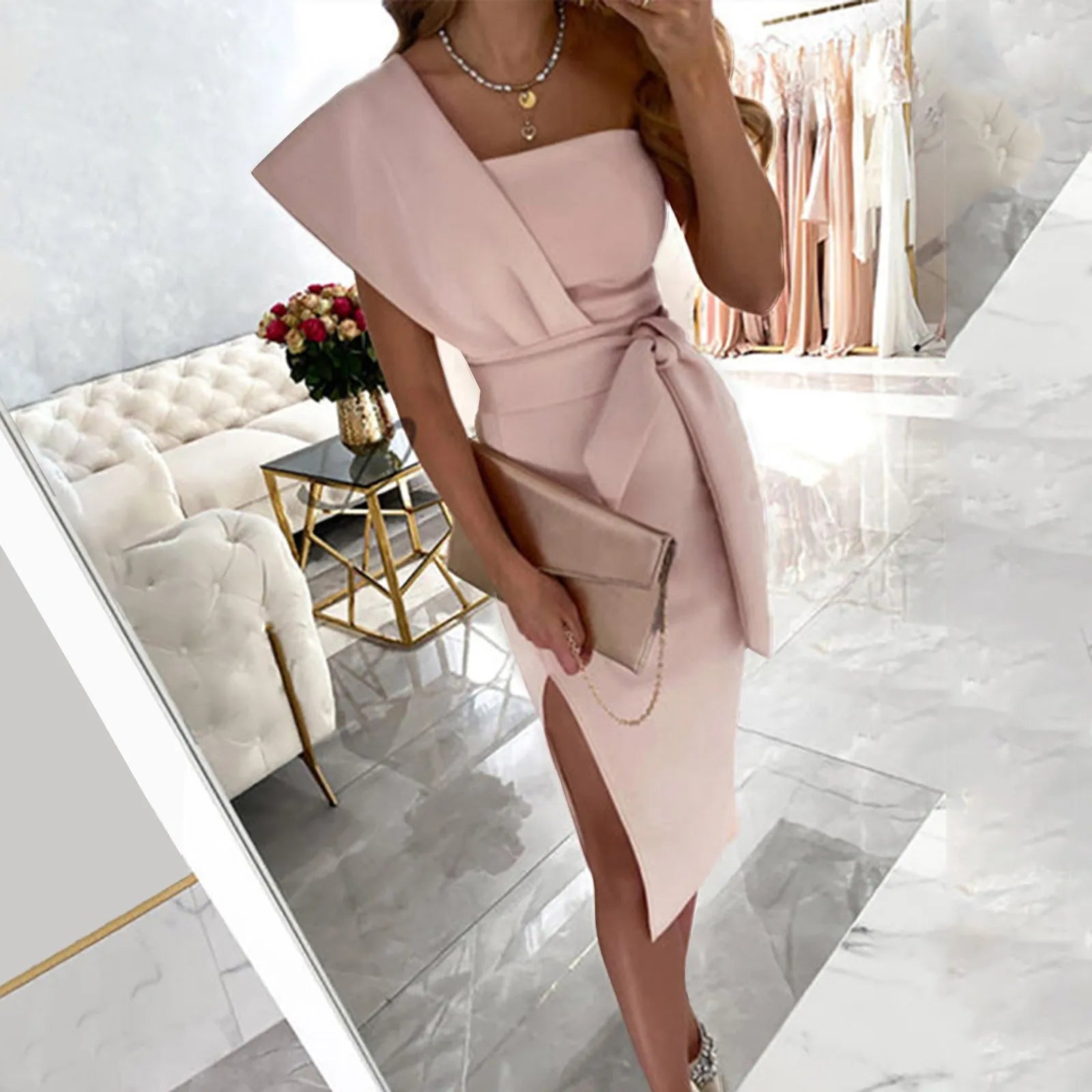 Elegant One-Shoulder Ruffle Bodycon Midi Dress for Women - Perfect for Special Occasions  OurLum.com   