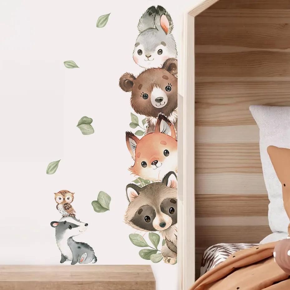 Forest Animals Cartoon Door Sticker: Charming Watercolor Nursery Wall Decal  ourlum.com   