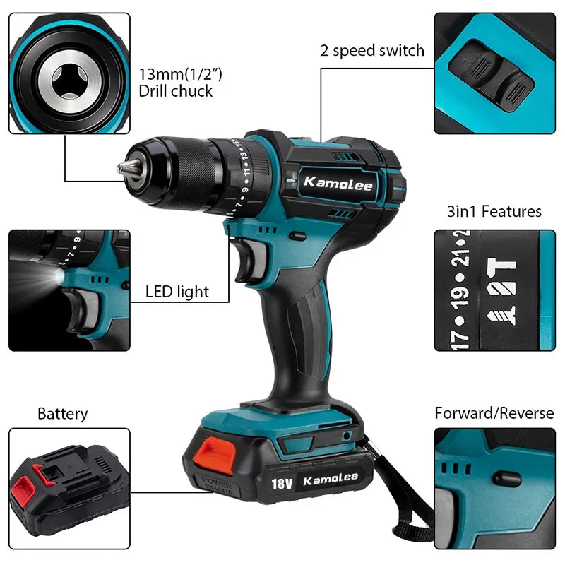 10mm/13mm Brushed Cordless Electric Impact Drill Electric Screwdriver Home DIY Power Tools For Makita 18V Battery[Kamolee]  ourlum.com   