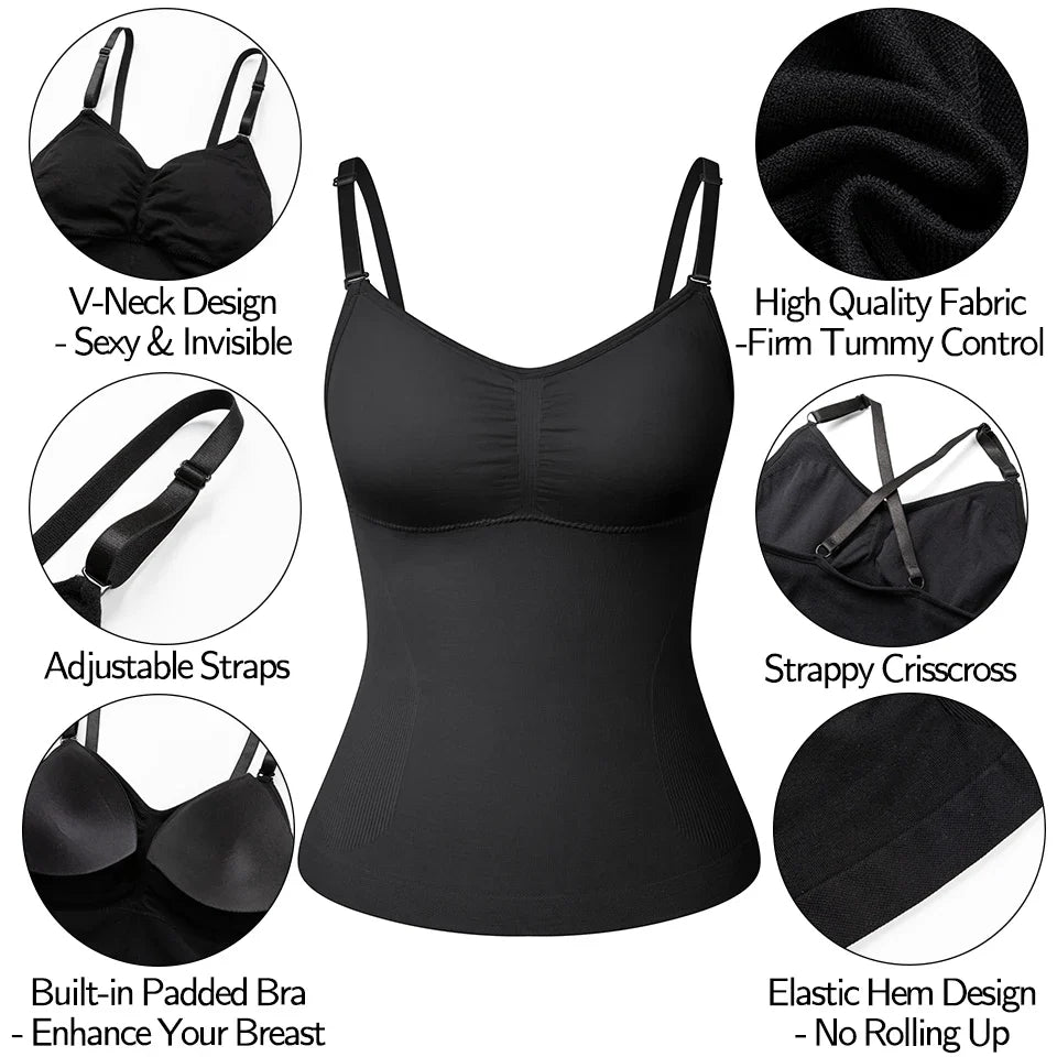 Tummy Control Shapewear Camisole with Adjustable Straps & Built-In Bra for Women