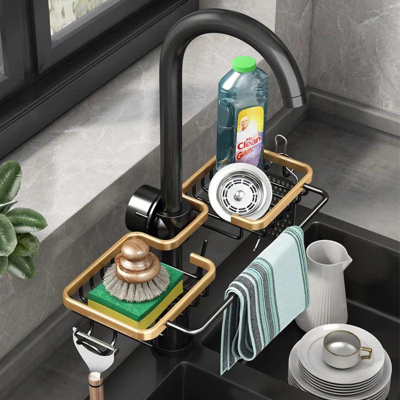 Aluminum Sink Caddy with Faucet Holder and Soap Drainer Shelf  ourlum.com   