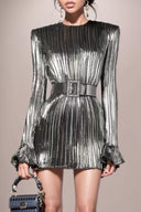 Luxurious Silver Pleated Dress for Sophisticated Fall Elegance