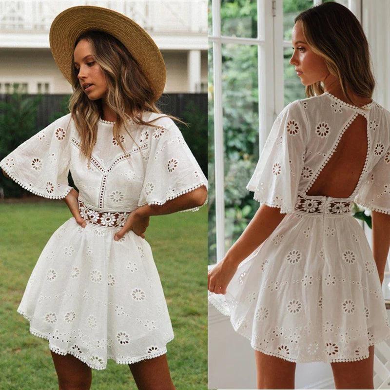 Elegant White Cotton Embroidered Summer Dress: Chic Statement Piece  ourlum.com   