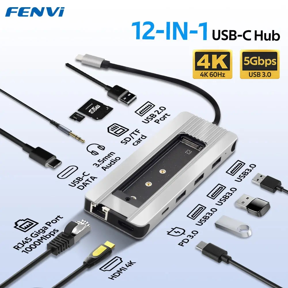 FENVI 12 in 1 Type-C Hub Docking Station M.2 SSD Enclosure Function SD TF Card PD 100W with HDMI 4K 1000M Ethernet For Mac iPad  ourlum.com   