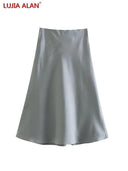 Solid Satin A-Line Midi Skirt Stylish Summer Fashion Statement