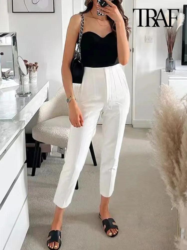 Vintage High Waist Zipper Fly Pencil Pants with Pockets - Women's Casual Solid Trousers  ourlum.com   