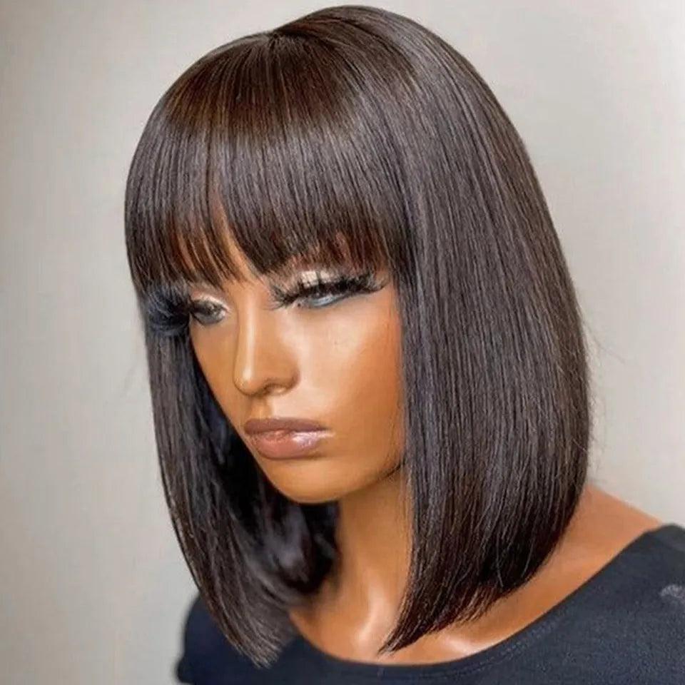 Brazilian Short Bob Wig with Bangs: Remy Hair, Glueless, Smooth Texture