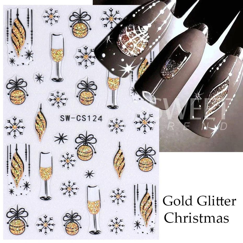 Black Gold Glitter Christmas Nail Stickers Snowflake Star Bow Bell Wine Glass Gift French Lines Winter Xmas New Year 3D Manicure  ourlum.com   