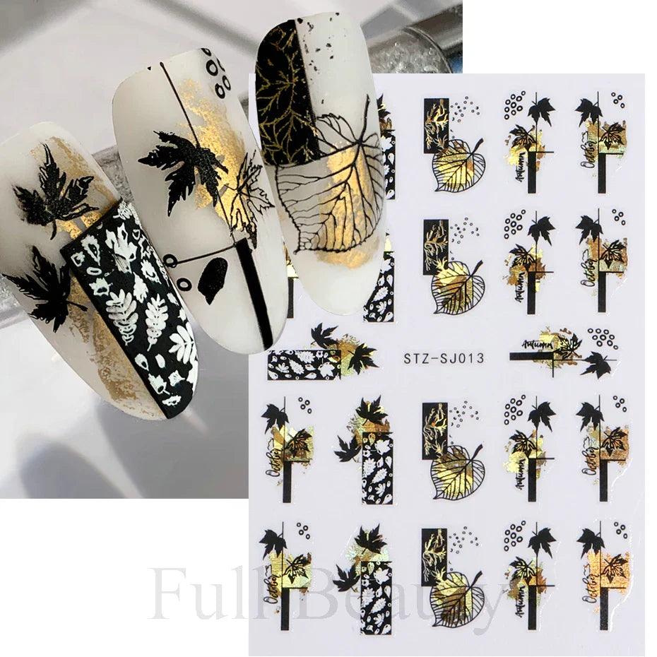 Autumn Splendor Nail Art Stickers: Gold Leaf & Floral Designs