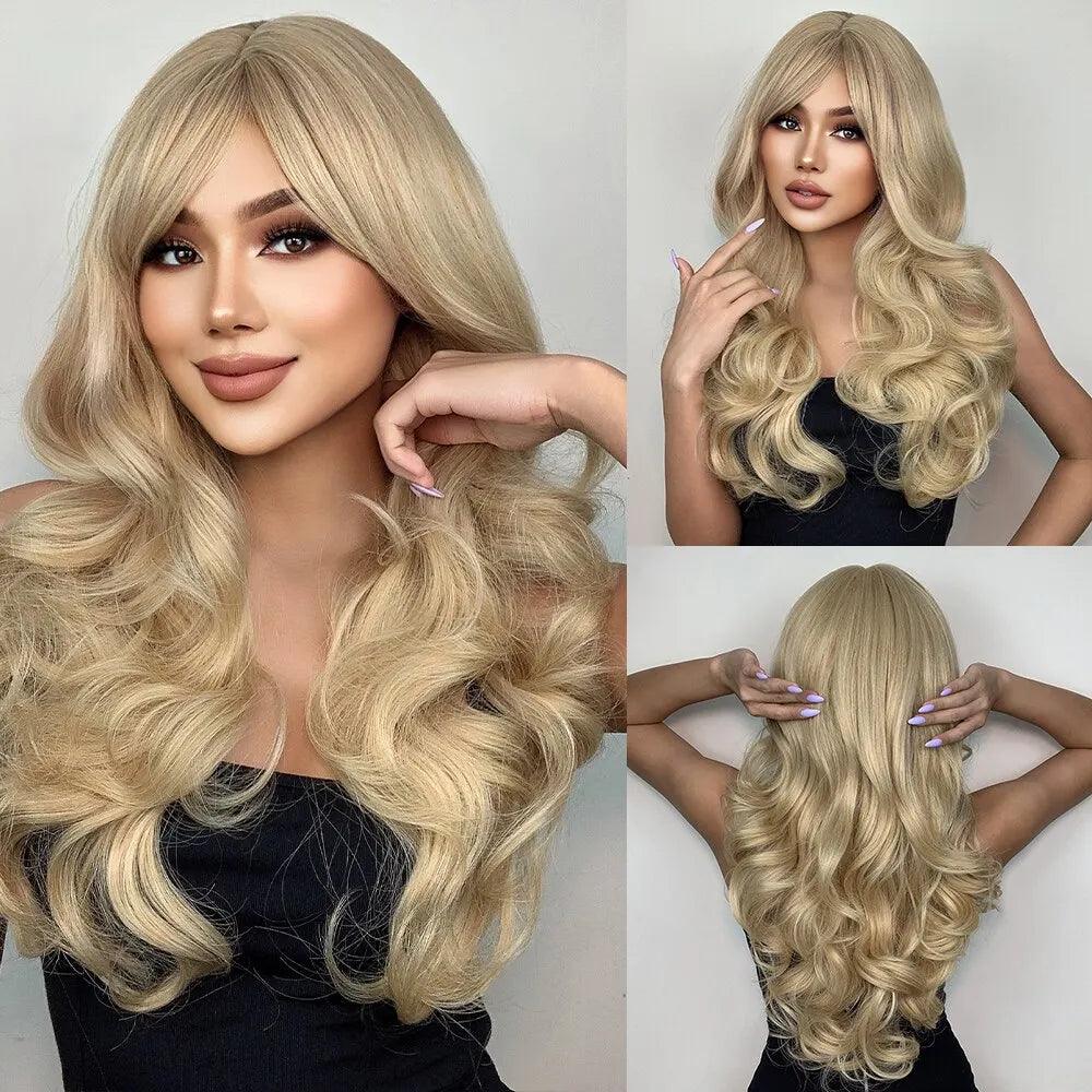Blonde Wavy Synthetic Hair Wig with Bangs - Natural Beauty and Comfort  ourlum.com   