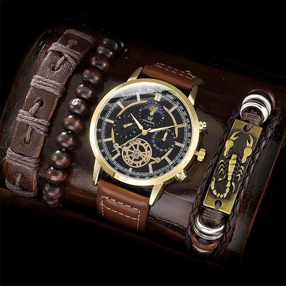 Luxury Men's Brown Leather Watch and Bracelet Gift Set with Quartz Movement  ourlum.com   